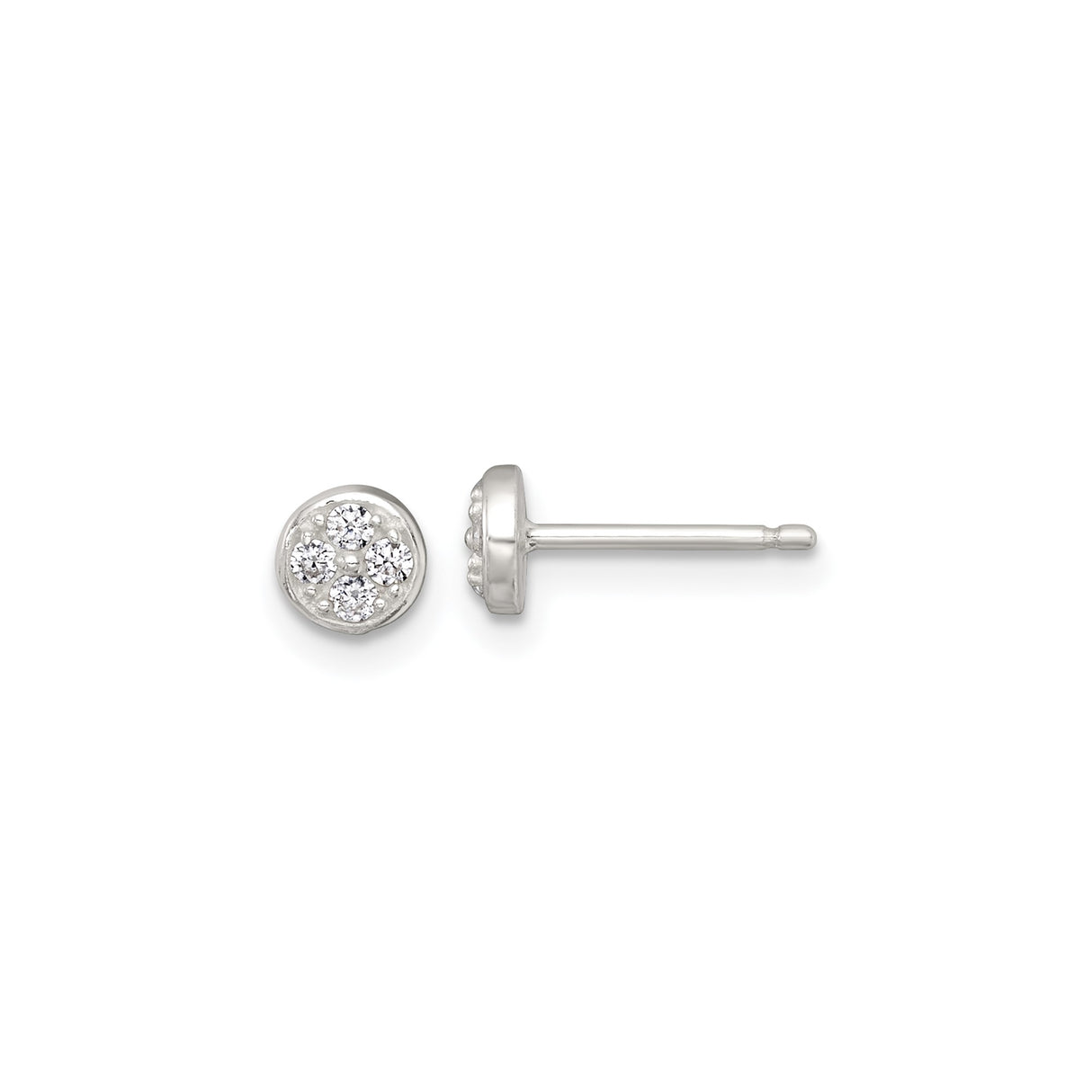 Sterling Silver Stud Earrings with Round Cluster of Four Cubic Zirconia in Bezel Setting