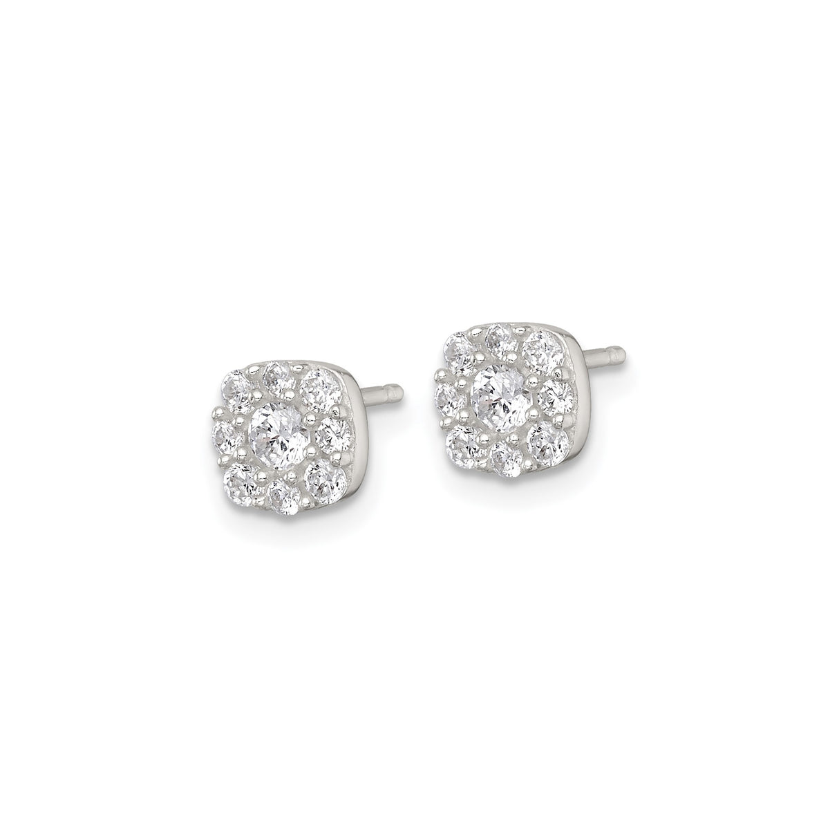 Sterling Silver Stud Earrings with Round Cut Cubic Zirconia in Cushion Halo Setting