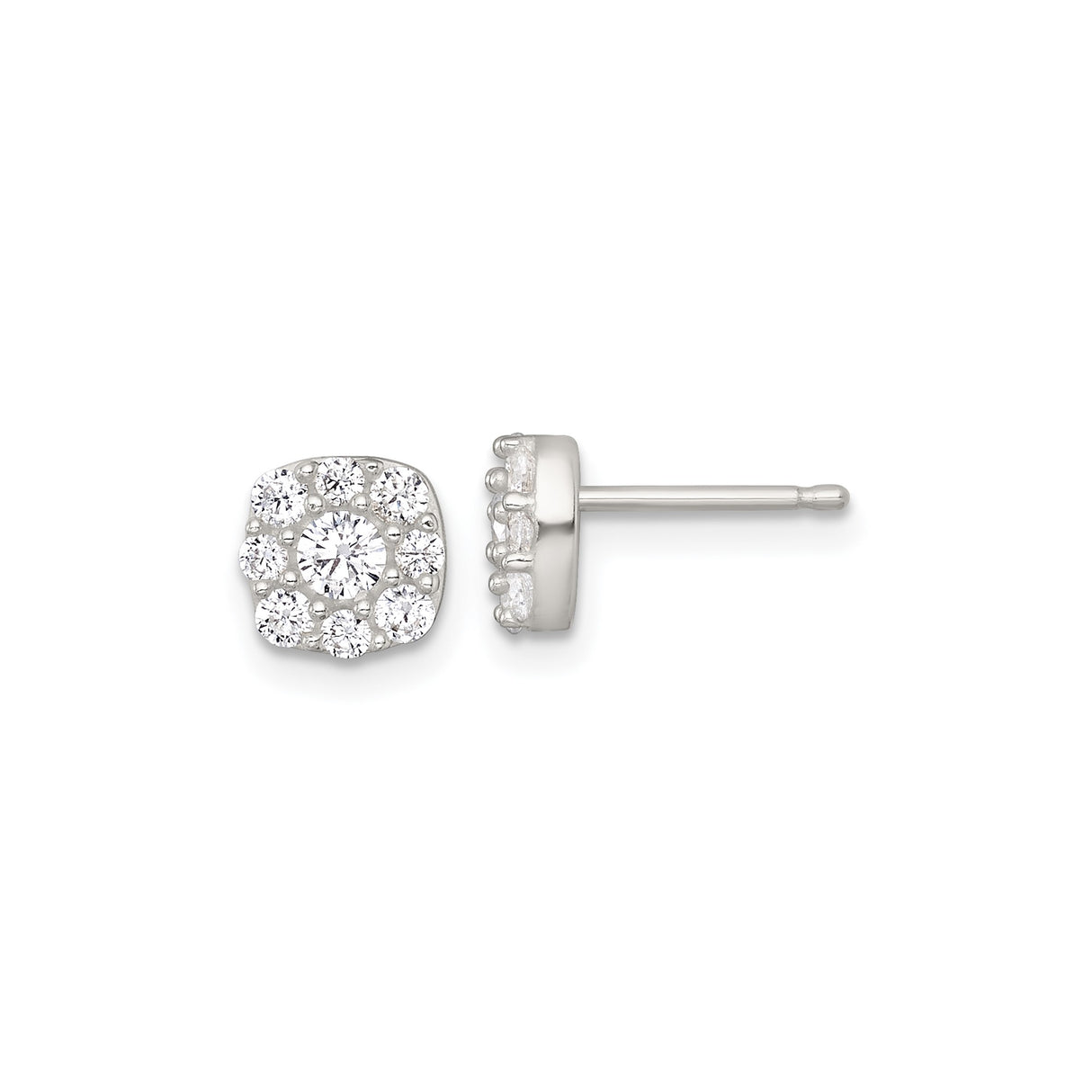 Sterling Silver Stud Earrings with Round Cut Cubic Zirconia in Cushion Halo Setting