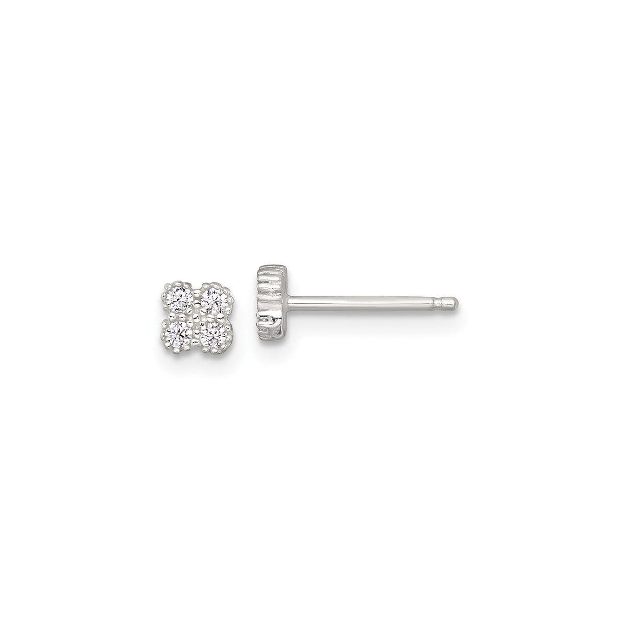 Sterling Silver Stud Earrings with Four Round Cut Cubic Zirconia in Floral Design
