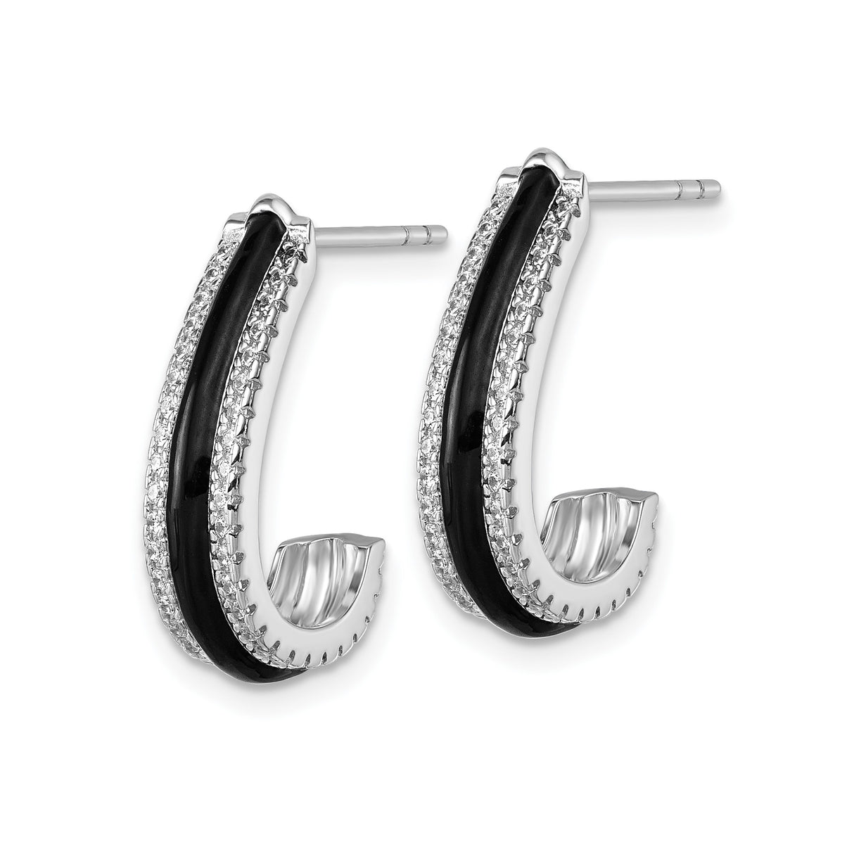 Sterling Silver Hoop Earrings with Black Enamel and Cubic Zirconia Accents, Modern Style