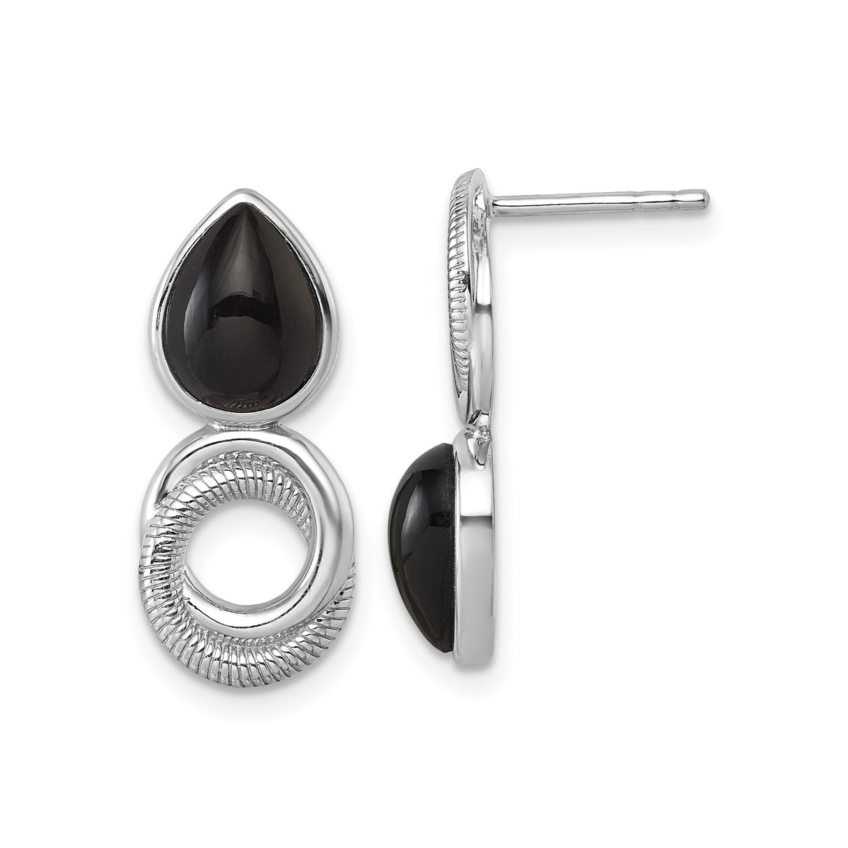 Sterling Silver Drop Earrings with Black Agate, Teardrop and Circle Minimalist Design