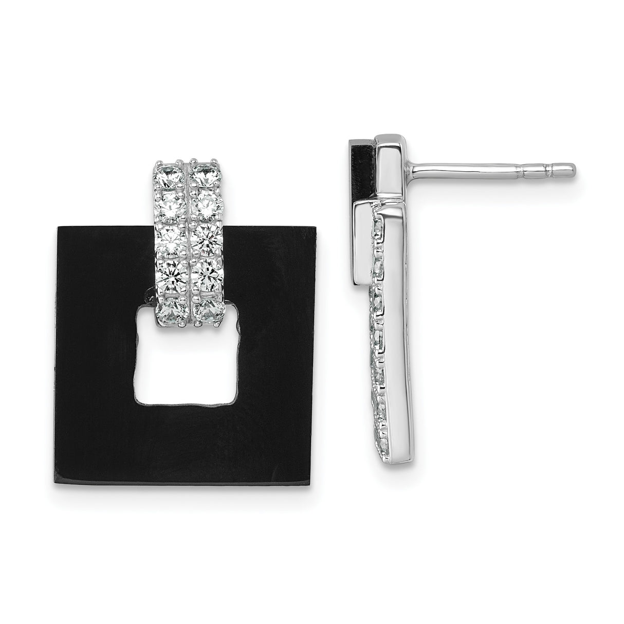 Sterling Silver Square Drop Earrings with Cubic Zirconia and Black Enamel Accents, Geometric Design