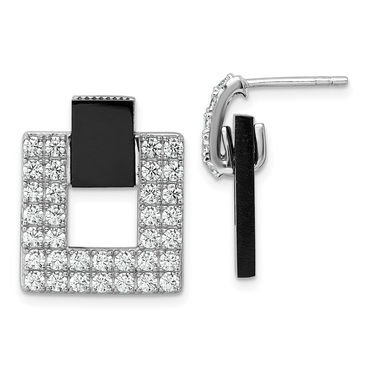 Sterling Silver Square Drop Earrings with Cubic Zirconia and Black Enamel Accents, Geometric Design