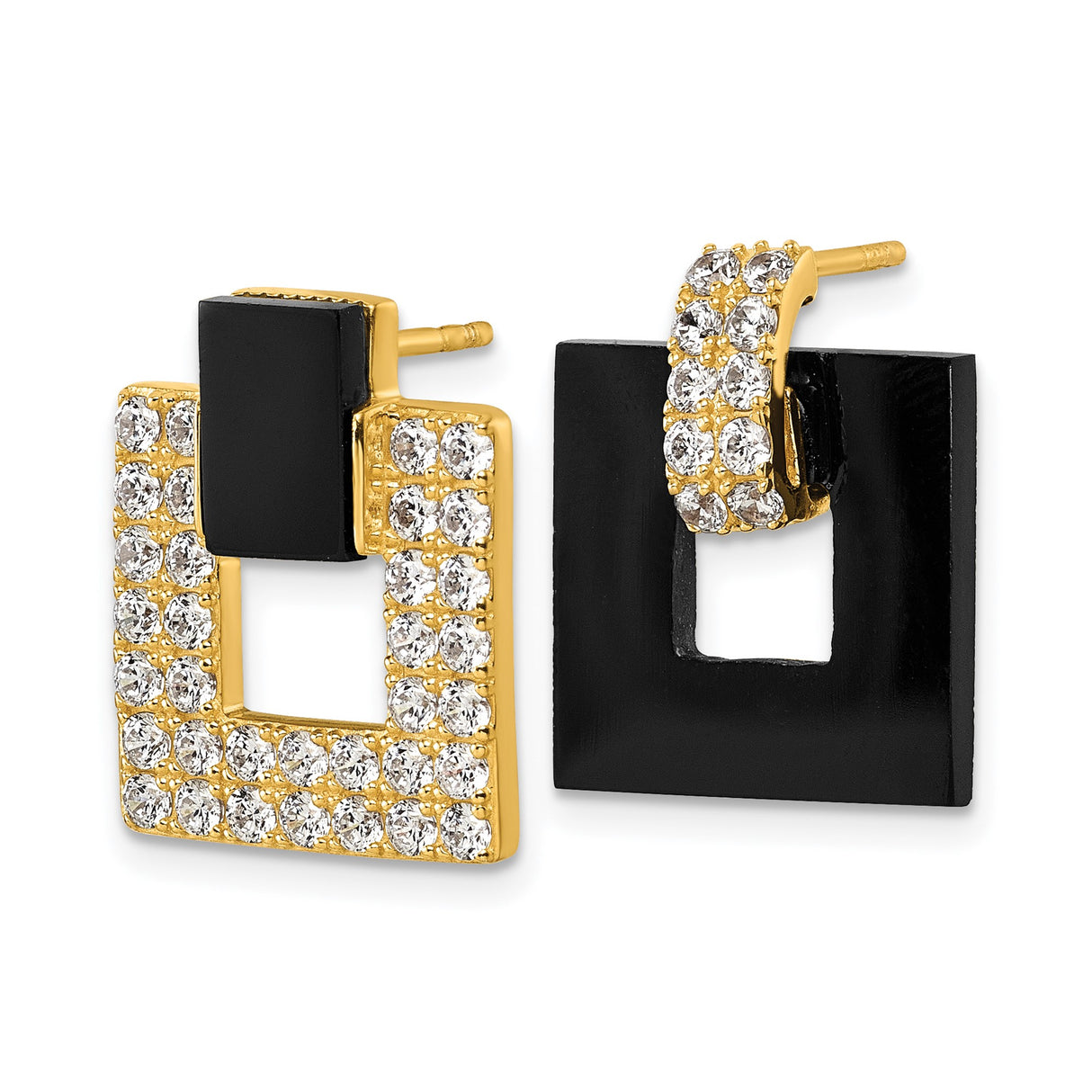 Sterling Silver Drop Earrings with Cubic Zirconia and Black Enamel, Geometric Design for Women