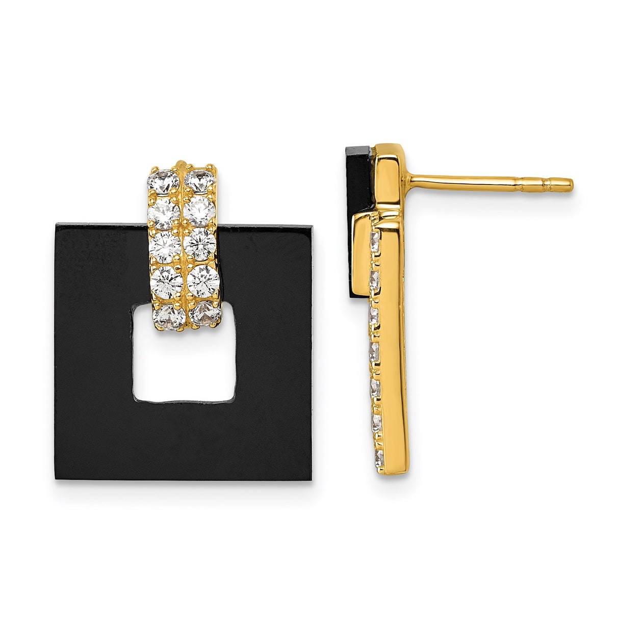 Sterling Silver Drop Earrings with Cubic Zirconia and Black Enamel, Geometric Design for Women