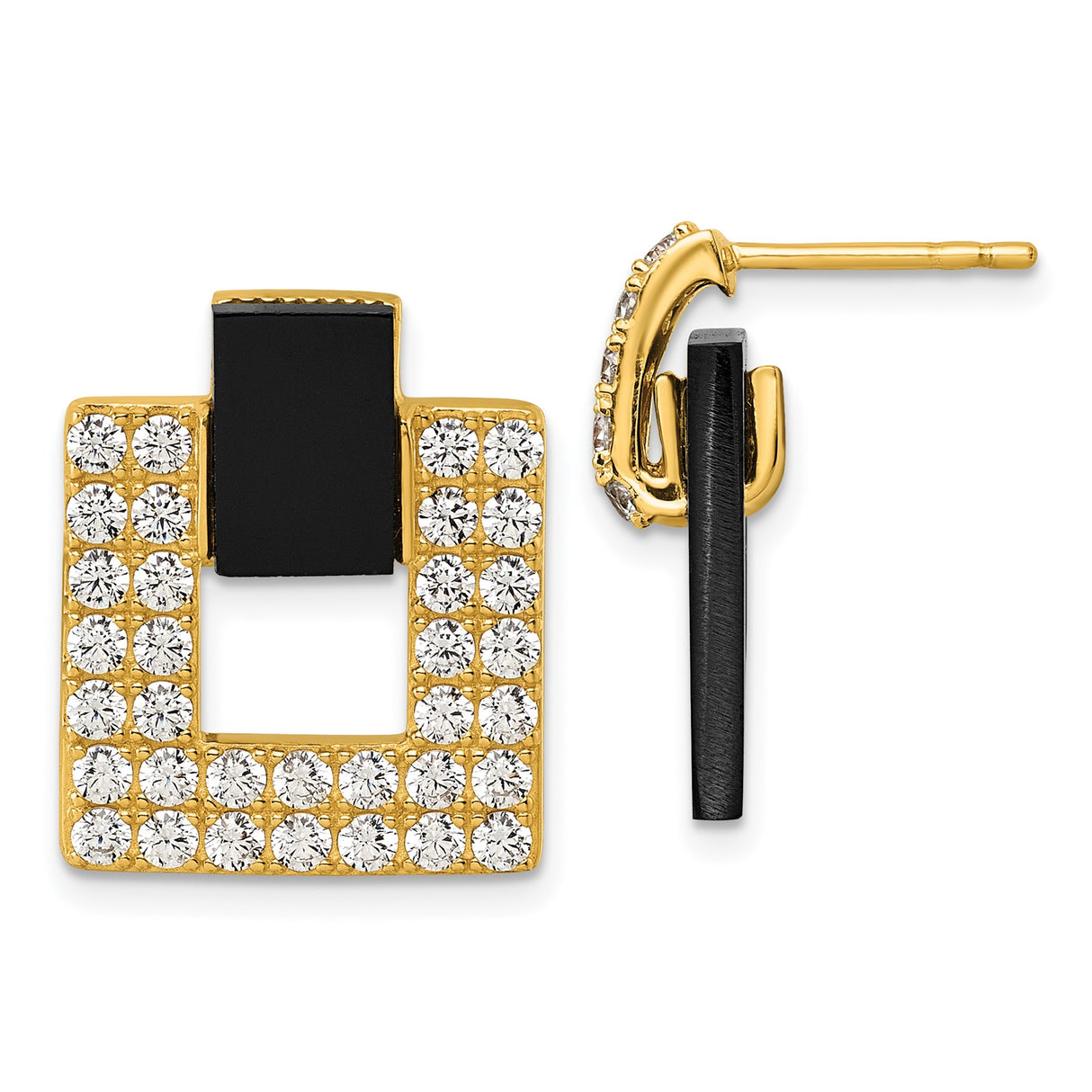 Sterling Silver Drop Earrings with Cubic Zirconia and Black Enamel, Geometric Design for Women