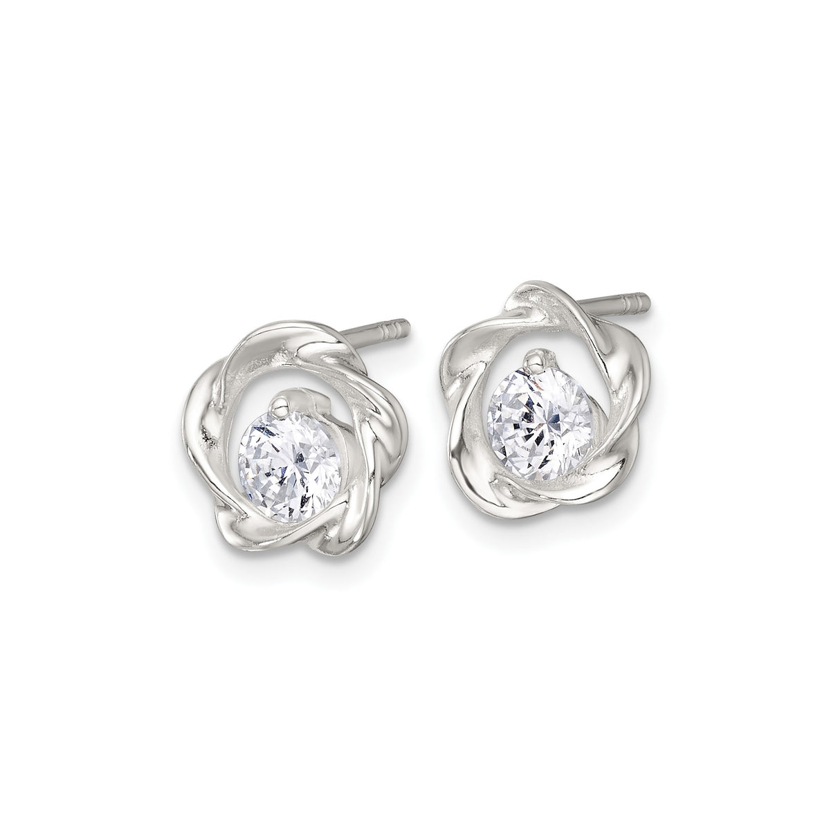 Sterling Silver Stud Earrings with Cubic Zirconia Center, Twisted Rose Design, Floral Motif