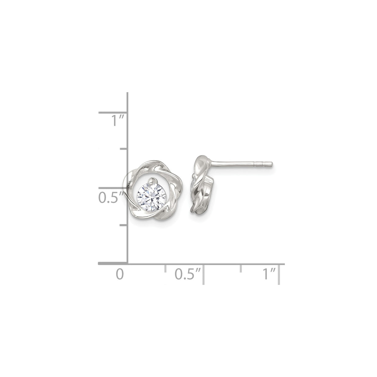 Sterling Silver Stud Earrings with Cubic Zirconia Center, Twisted Rose Design, Floral Motif