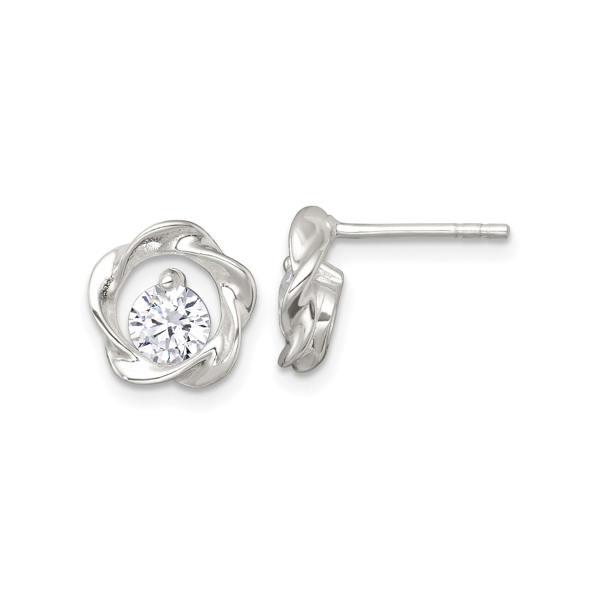 Sterling Silver Stud Earrings with Cubic Zirconia Center, Twisted Rose Design, Floral Motif