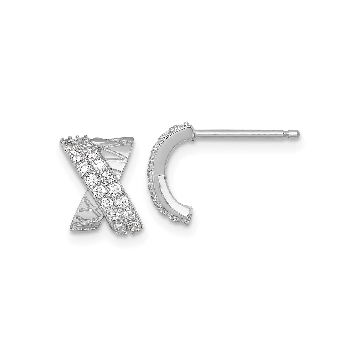 Sterling Silver X Shaped Earrings with Cubic Zirconia, Textured Crisscross Studs for Women