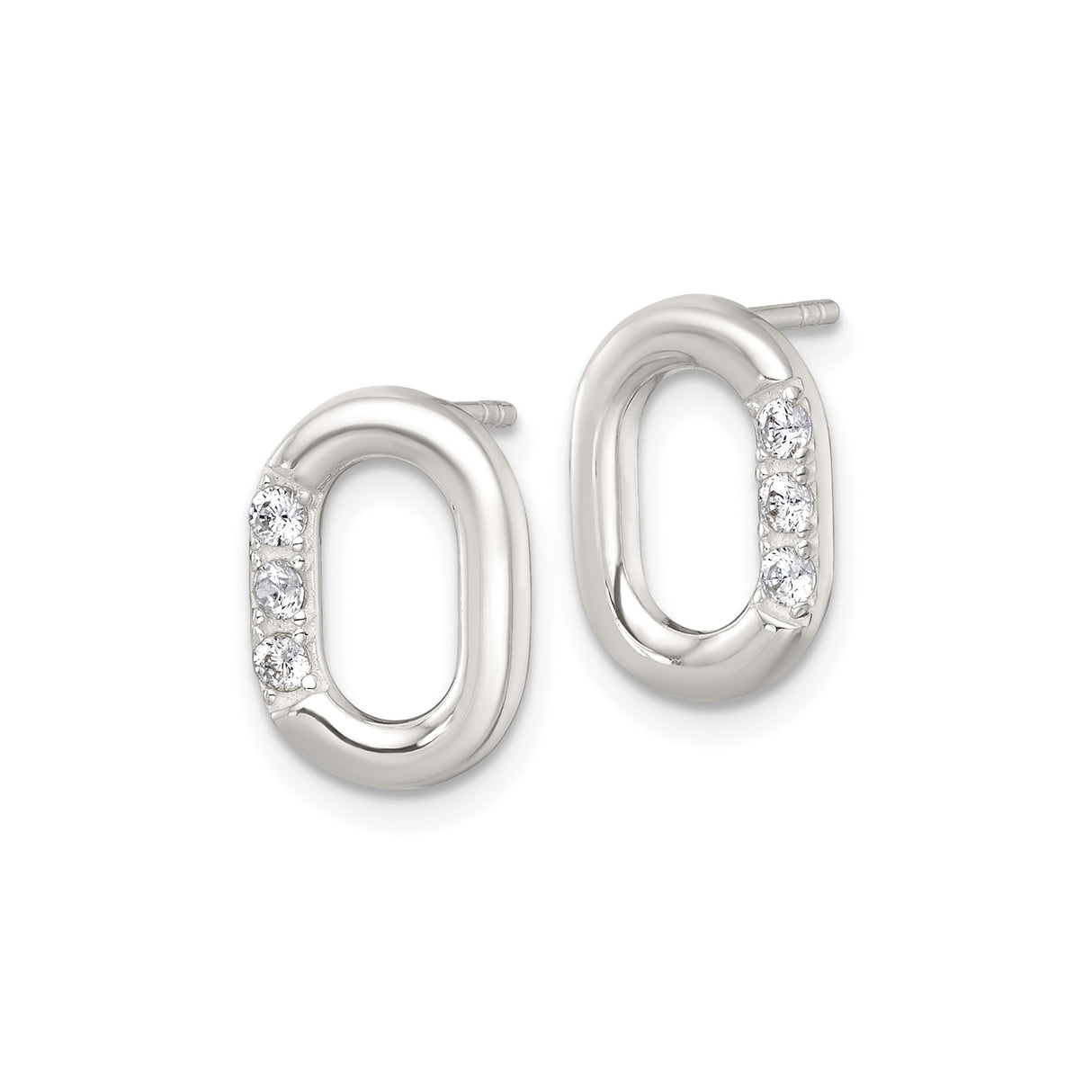 Sterling Silver Oval Stud Earrings with Three Round Cubic Zirconia, Minimalist Design for Women