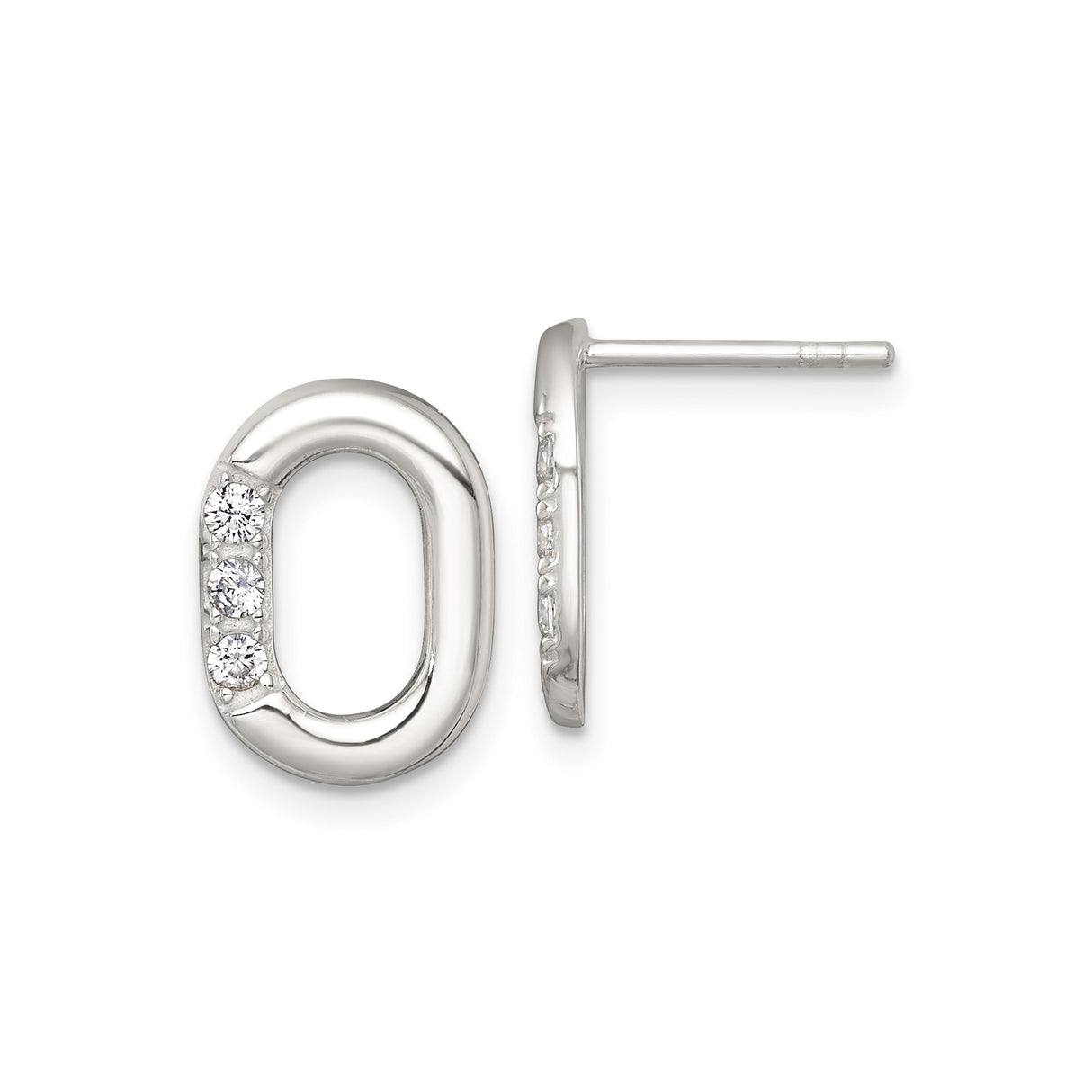 Sterling Silver Oval Stud Earrings with Three Round Cubic Zirconia, Minimalist Design for Women