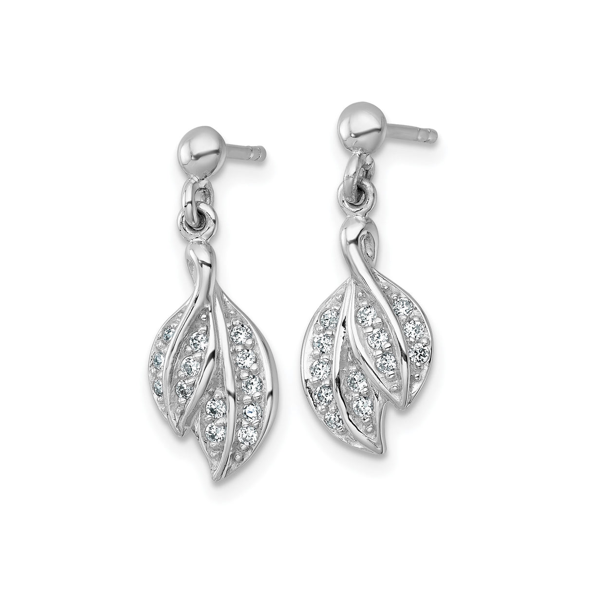 Sterling Silver Leaf Dangle Earrings with Cubic Zirconia, Twisted Botanical Design
