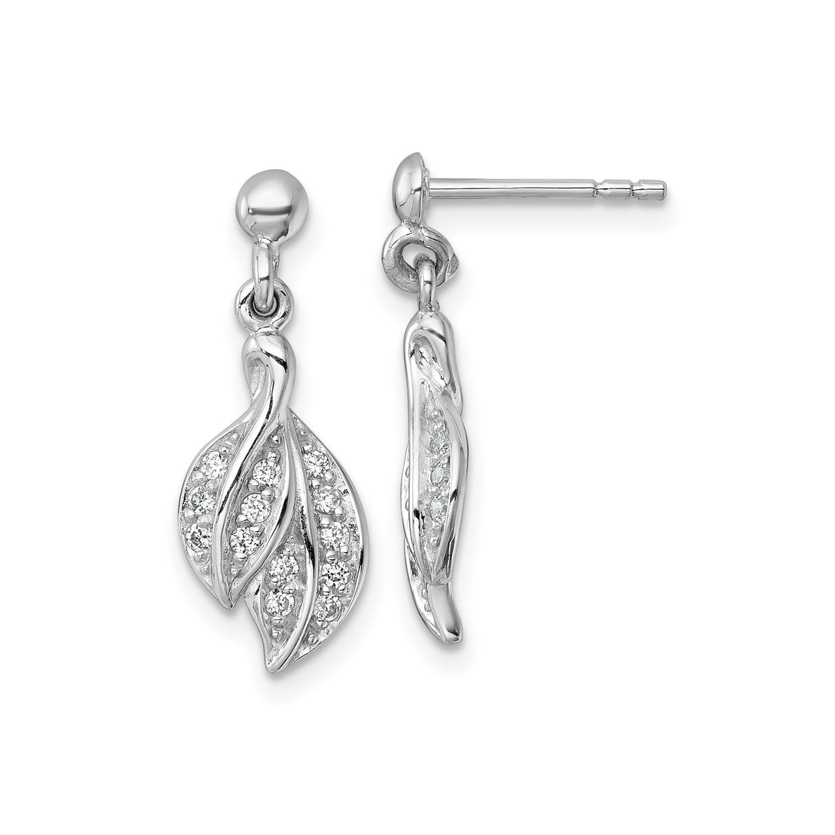Sterling Silver Leaf Dangle Earrings with Cubic Zirconia, Twisted Botanical Design