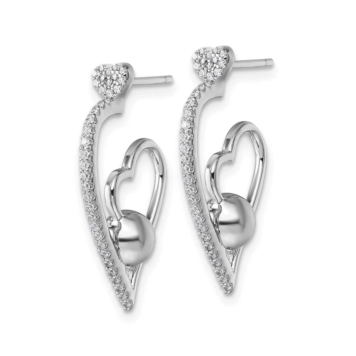 Sterling Silver Heart Stud Earrings with Cubic Zirconia and Polished Bead Accents