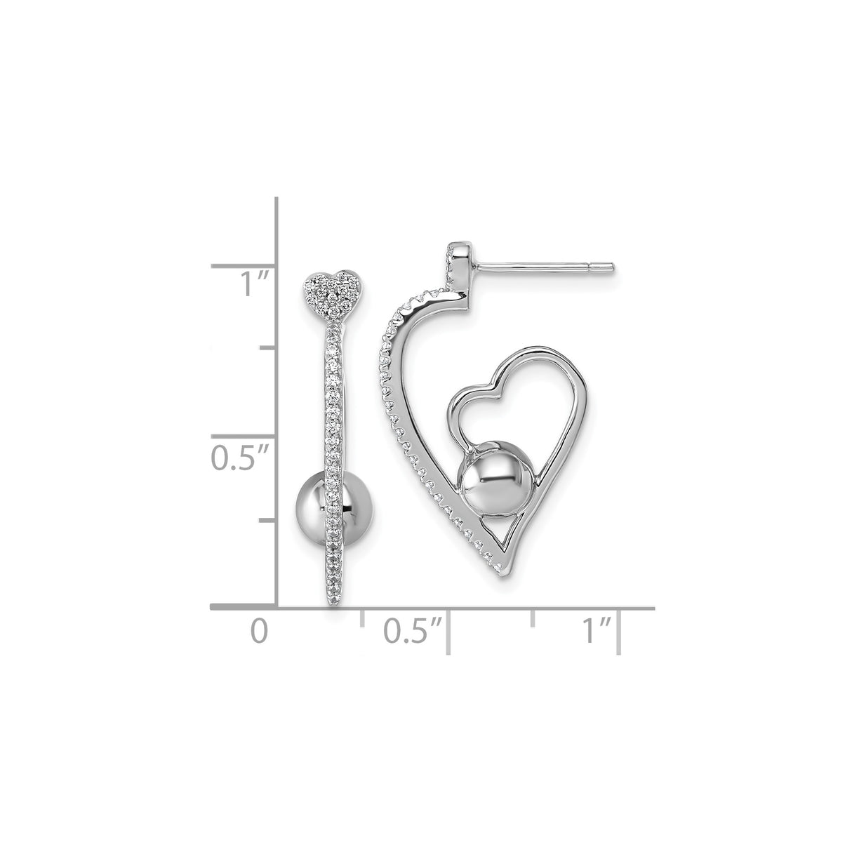 Sterling Silver Heart Stud Earrings with Cubic Zirconia and Polished Bead Accents