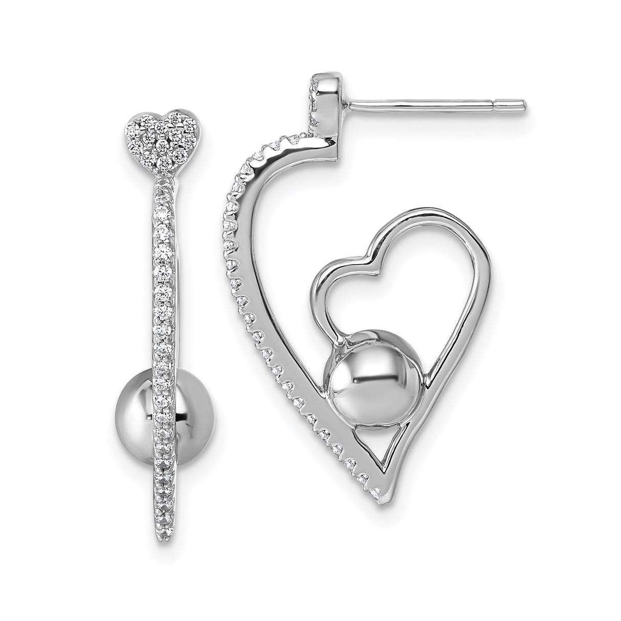 Sterling Silver Heart Stud Earrings with Cubic Zirconia and Polished Bead Accents