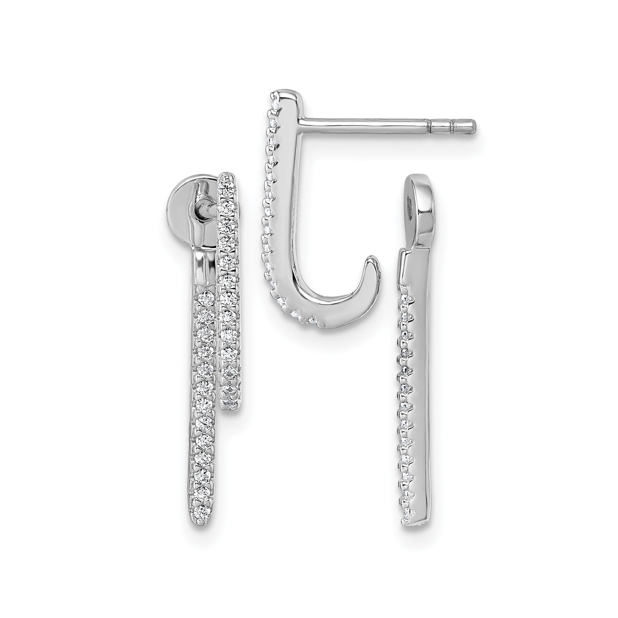 Sterling Silver Linear Drop Earrings with Pavé Cubic Zirconia, Modern Minimalist Dangle Design