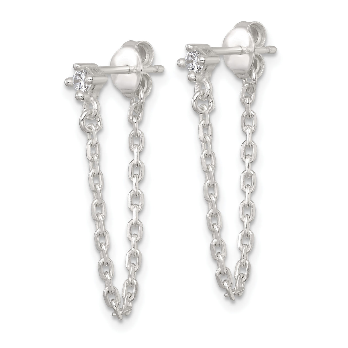 Sterling Silver Drop Chain Stud Earrings with Cubic Zirconia, Cable Link Design