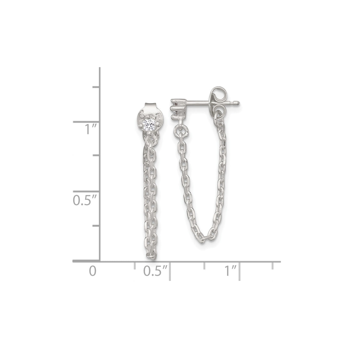 Sterling Silver Drop Chain Stud Earrings with Cubic Zirconia, Cable Link Design