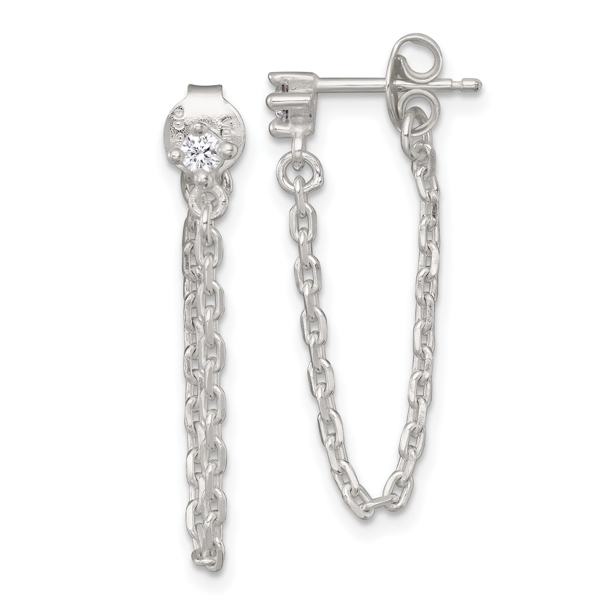 Sterling Silver Drop Chain Stud Earrings with Cubic Zirconia, Cable Link Design