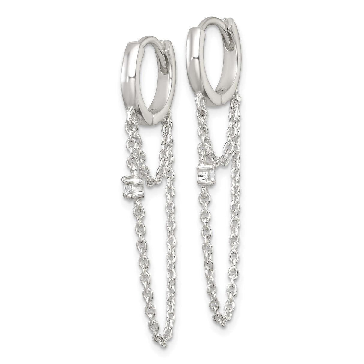 Sterling Silver Double Hoop Earrings with Cubic Zirconia and Dangling Chain Ear Cuff Design
