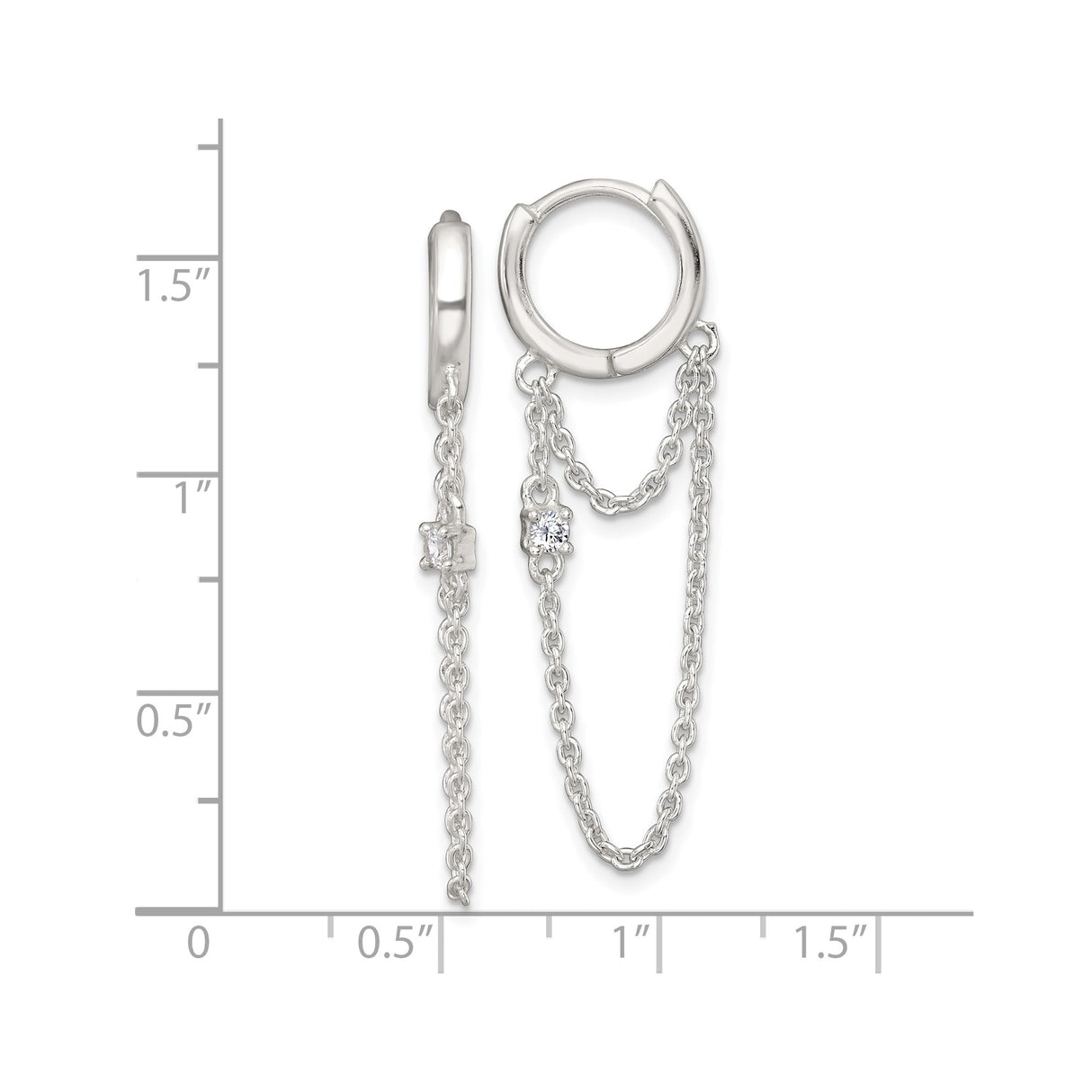 Sterling Silver Double Hoop Earrings with Cubic Zirconia and Dangling Chain Ear Cuff Design