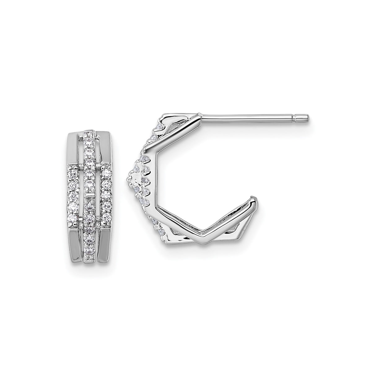 Sterling Silver Hexagon Hoop Earrings with Double Row Cubic Zirconia Accents, Geometric Design