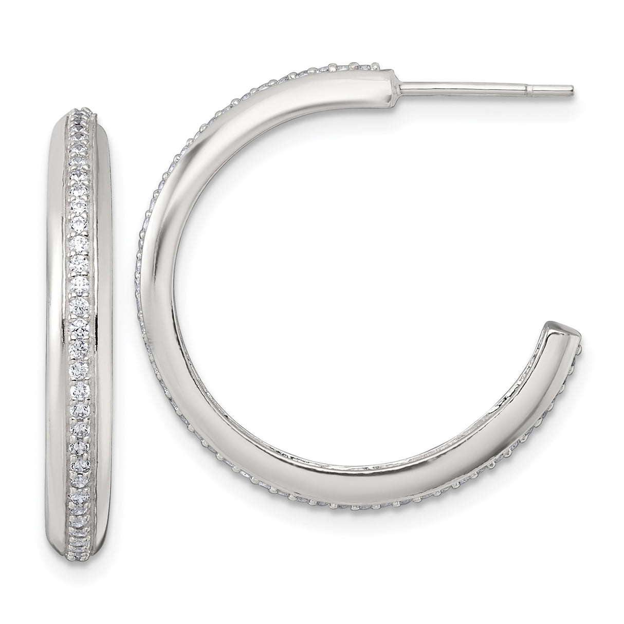 Sterling Silver Hoop Earrings with Cubic Zirconia, Sleek Polished Minimalist Design