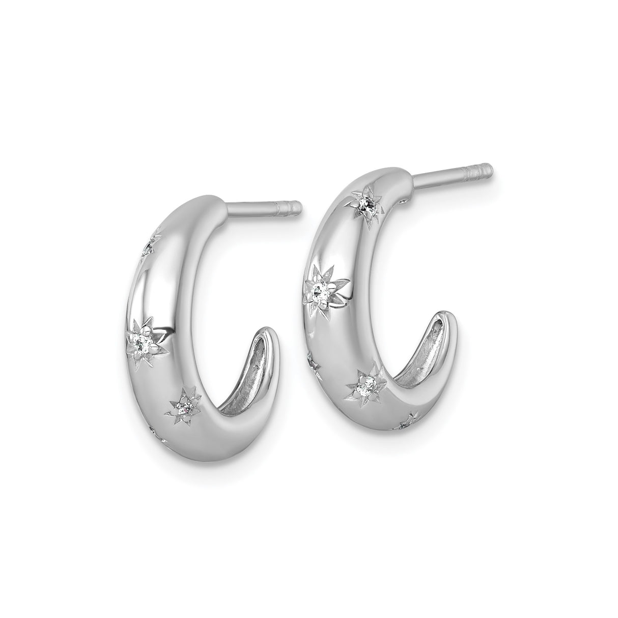 Sterling Silver Hoop Earrings with Cubic Zirconia, Starburst Pattern, Rhodium Plated Celestial Design