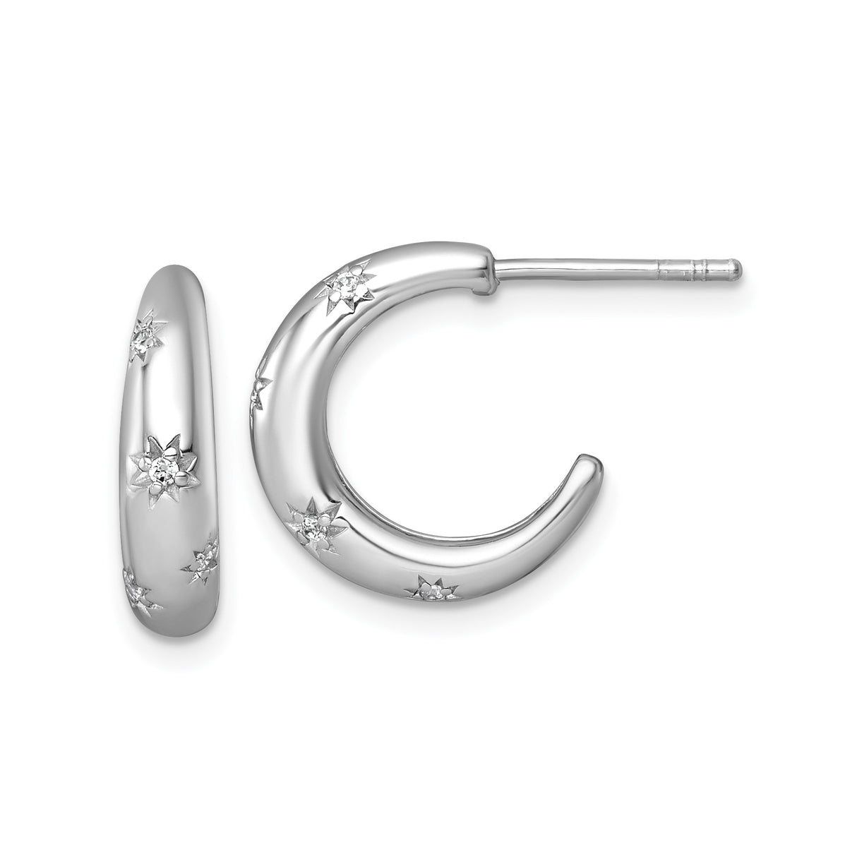 Sterling Silver Hoop Earrings with Cubic Zirconia, Starburst Pattern, Rhodium Plated Celestial Design