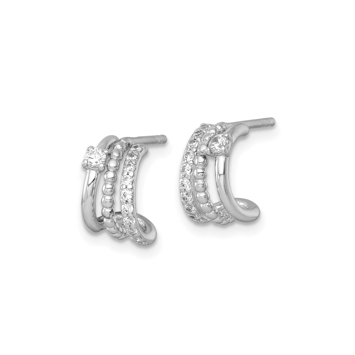 Sterling Silver Triple Hoop Stud Earrings with Cubic Zirconia and Beaded Detailing