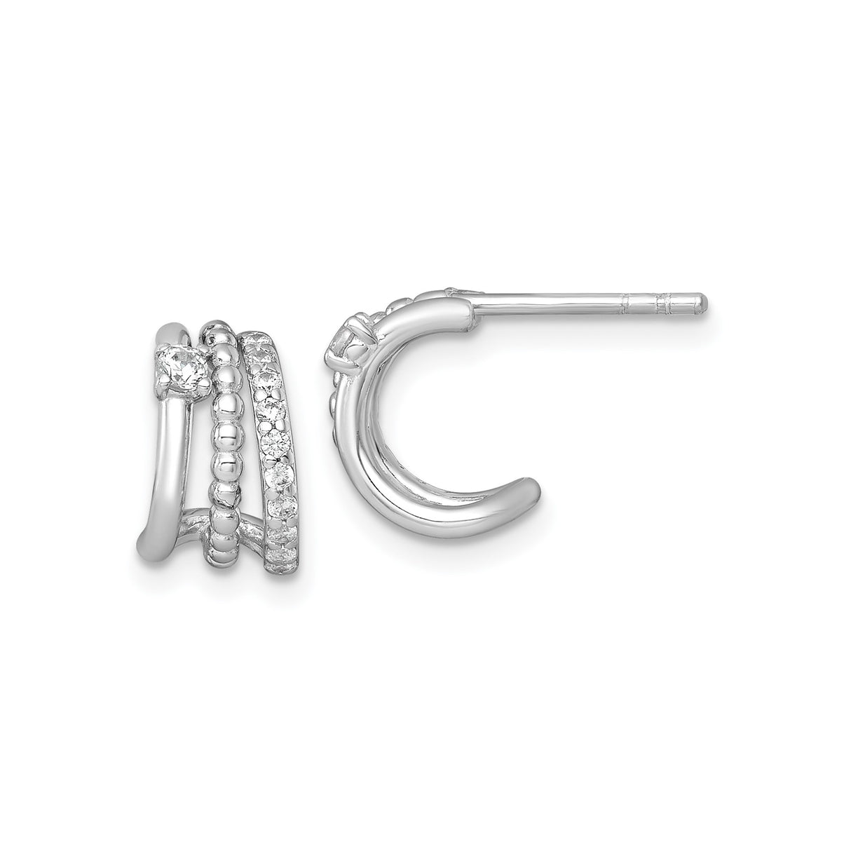 Sterling Silver Triple Hoop Stud Earrings with Cubic Zirconia and Beaded Detailing