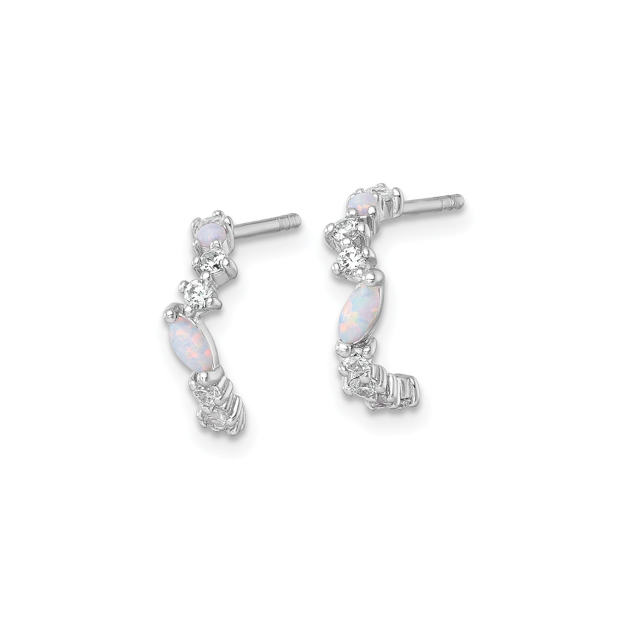 Sterling Silver Half Hoop Earrings with Created Opal and Cubic Zirconia, Modern Classic Style