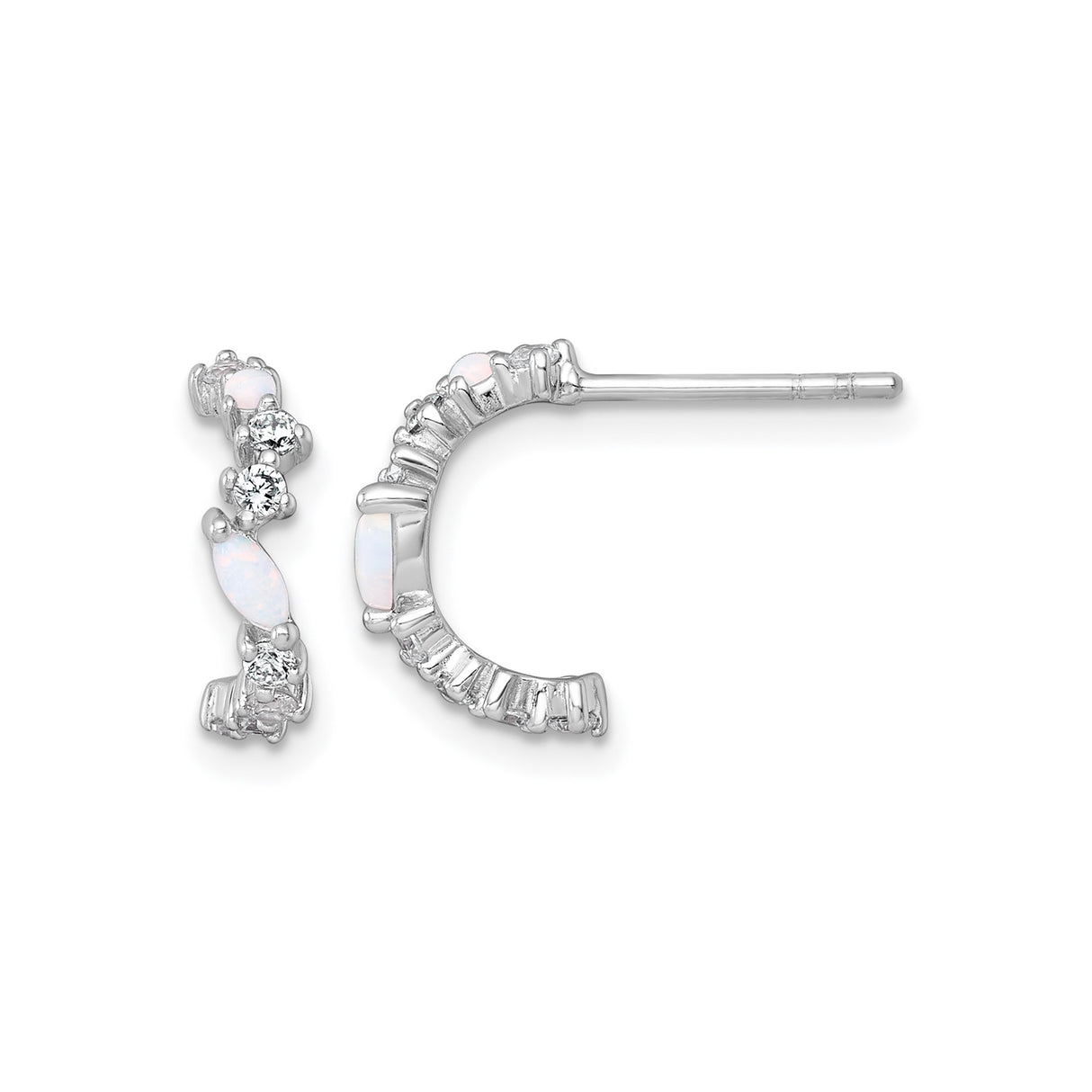 Sterling Silver Half Hoop Earrings with Created Opal and Cubic Zirconia, Modern Classic Style