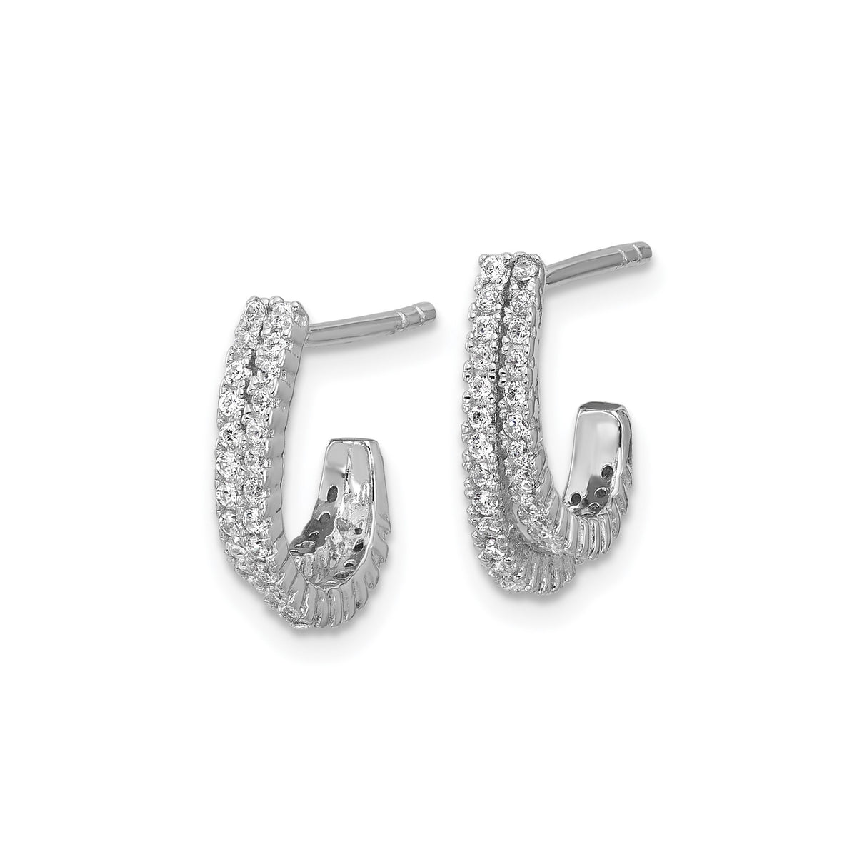 Sterling Silver Hoop Earrings with Double Row Cubic Zirconia, Small Half Hoop Studs