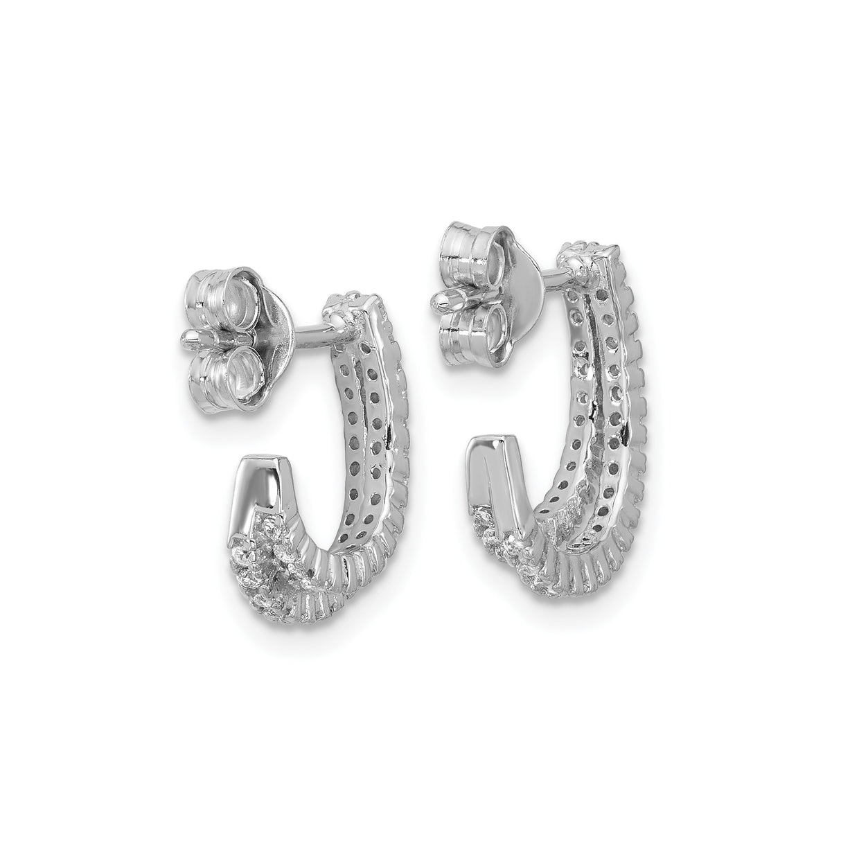 Sterling Silver Hoop Earrings with Double Row Cubic Zirconia, Small Half Hoop Studs