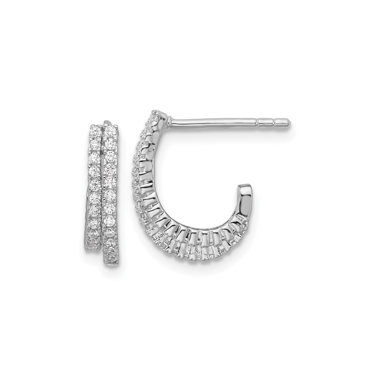 Sterling Silver Hoop Earrings with Double Row Cubic Zirconia, Small Half Hoop Studs