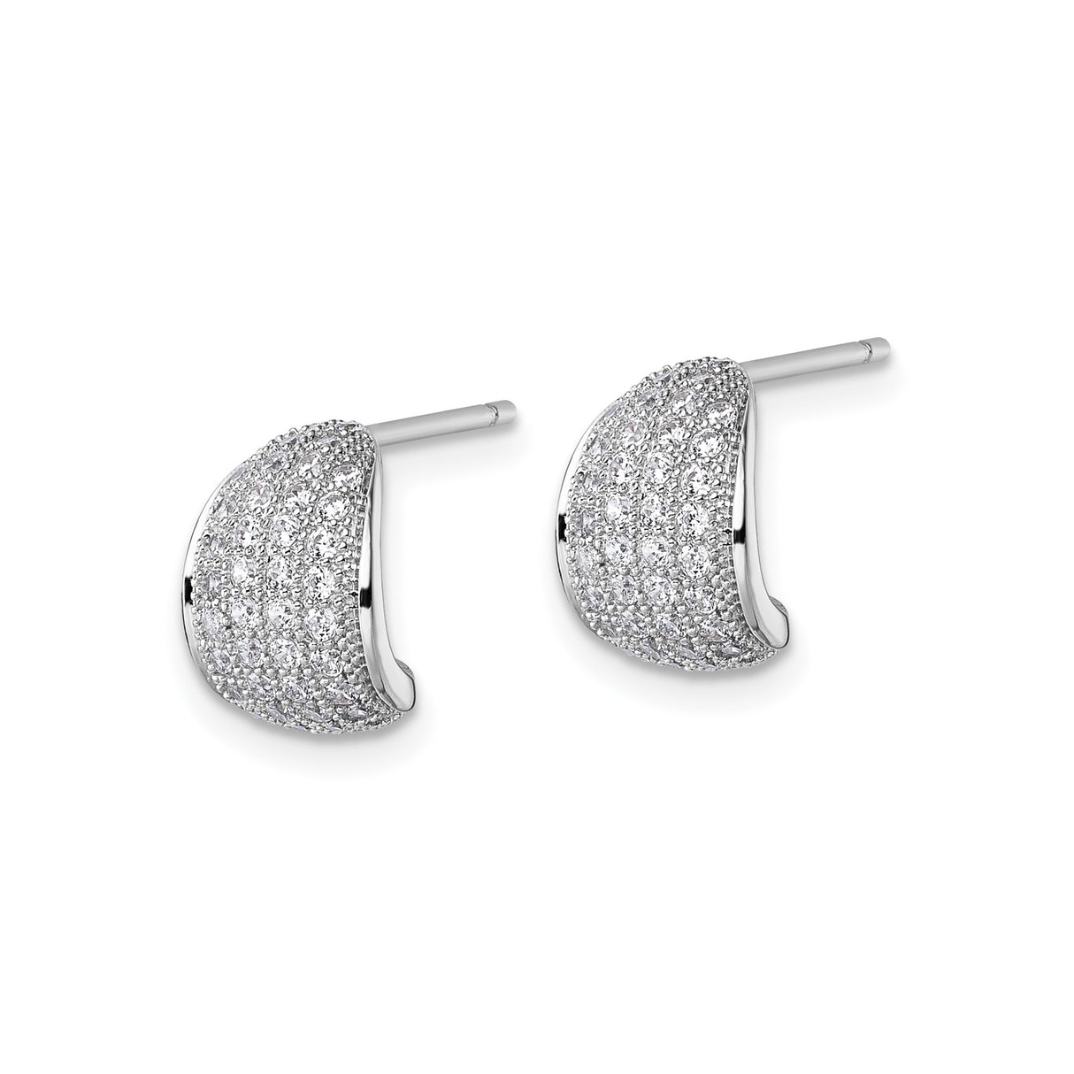Sterling Silver Huggie Earrings with Cubic Zirconia, Curved J Hoop Design, Rhodium Plated