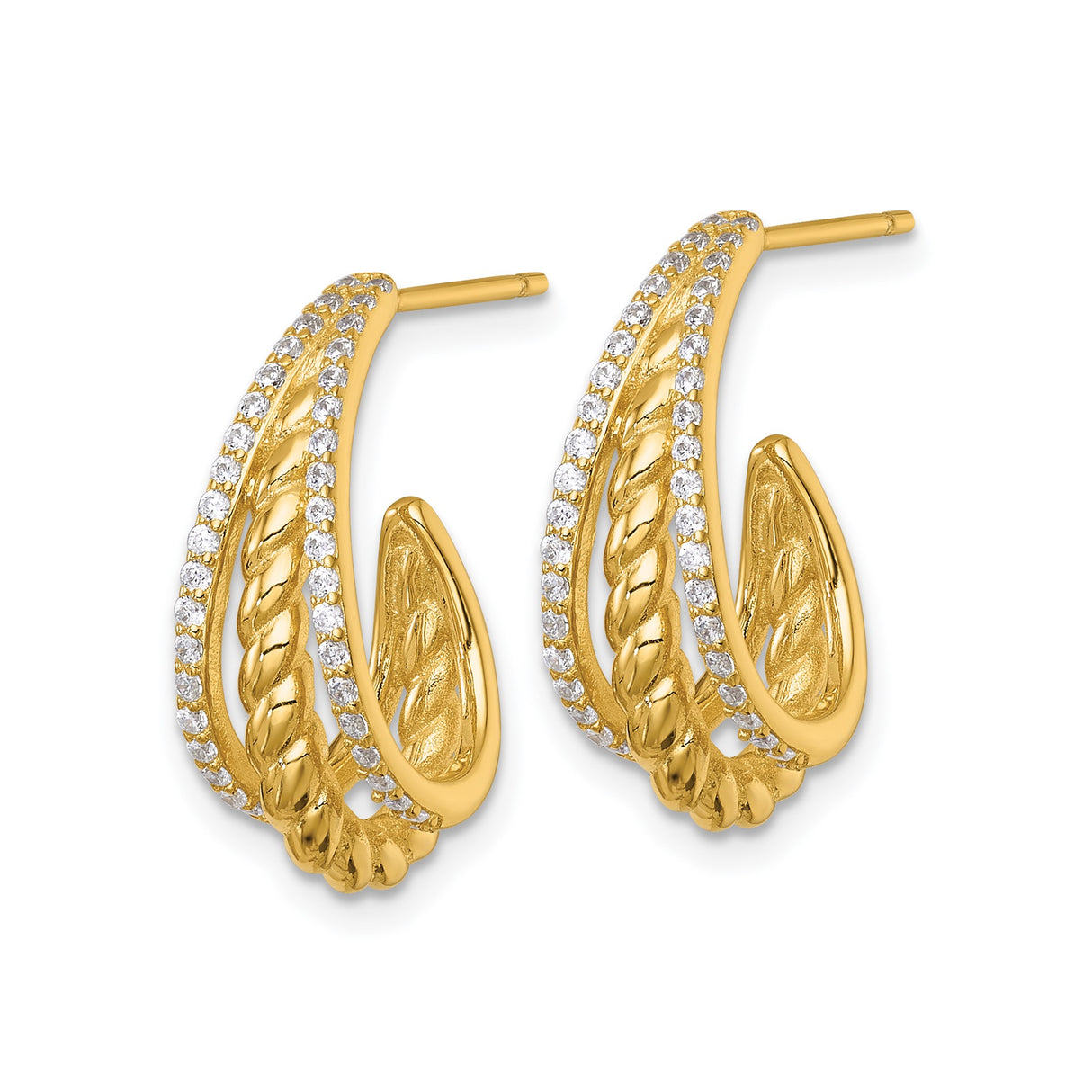 Sterling Silver Hoop Earrings with Cubic Zirconia, Triple Row Twisted Rope Design