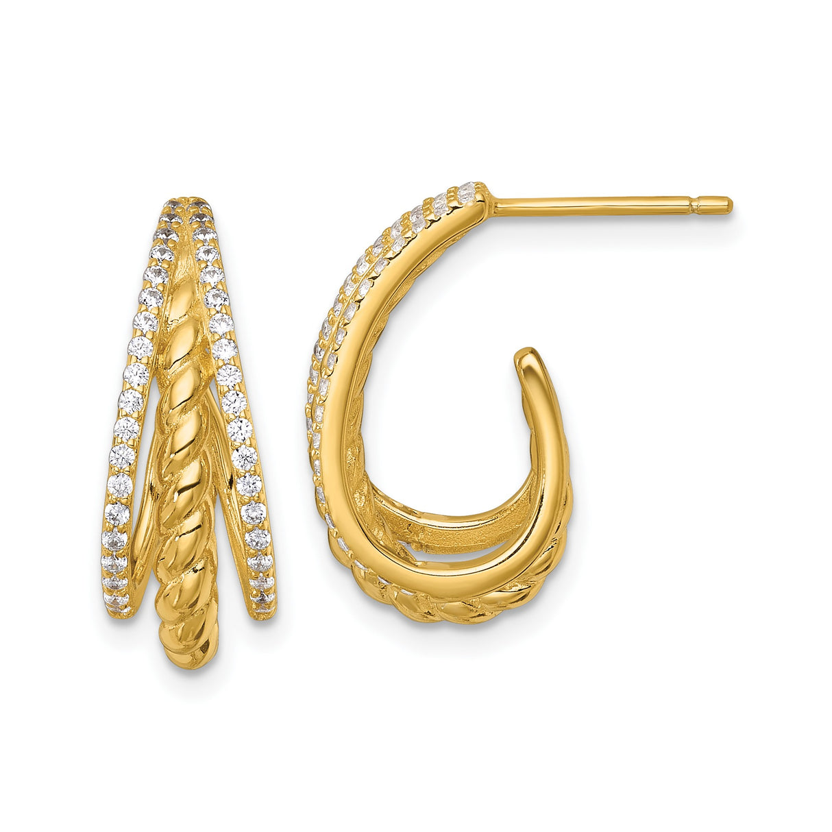 Sterling Silver Hoop Earrings with Cubic Zirconia, Triple Row Twisted Rope Design