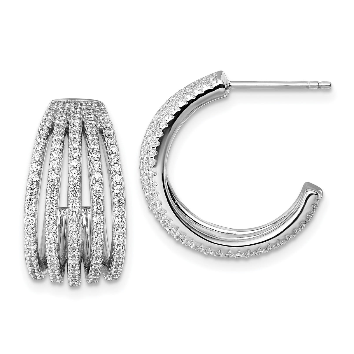 Sterling Silver Hoop Earrings with Multi-Row Pave Cubic Zirconia, Rhodium Plated Statement Style