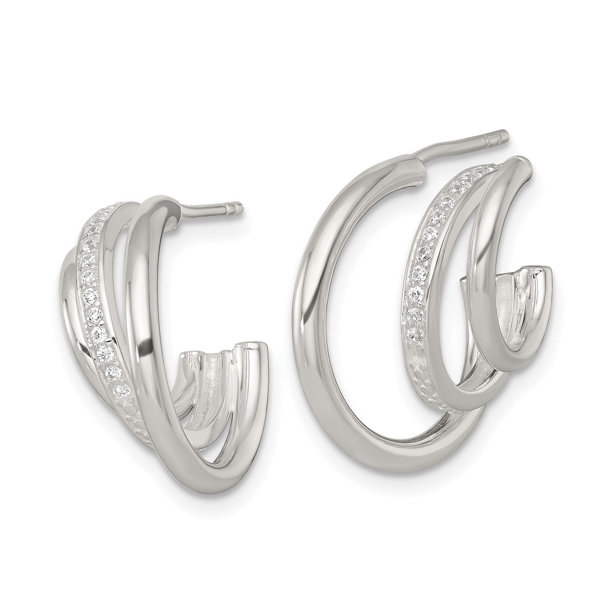 Sterling Silver Triple Hoop Earrings with Cubic Zirconia Accents, Modern Layered Design