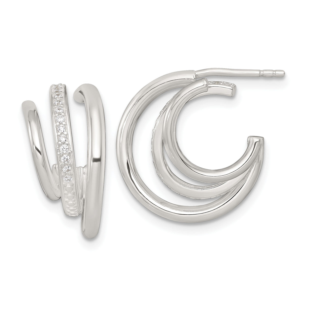 Sterling Silver Triple Hoop Earrings with Cubic Zirconia Accents, Modern Layered Design