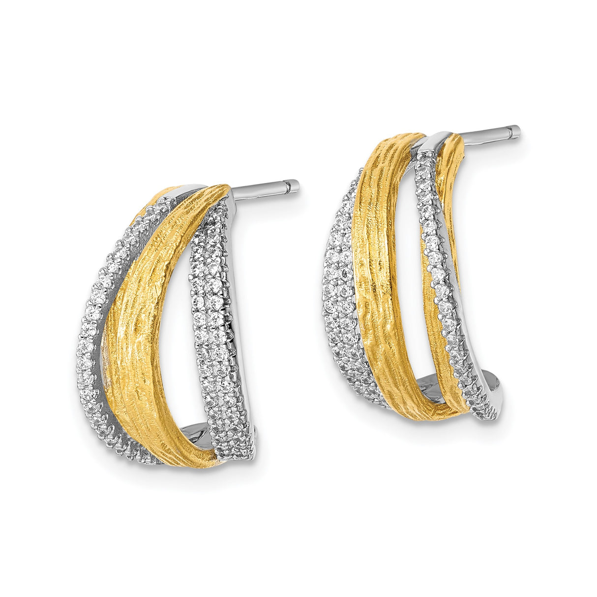 Sterling Silver Crossover Hoop Earrings with Cubic Zirconia and Brushed Texture Design