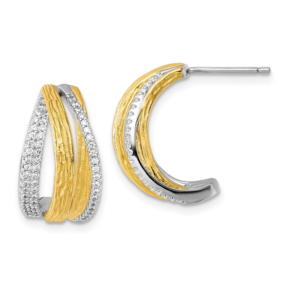 Sterling Silver Crossover Hoop Earrings with Cubic Zirconia and Brushed Texture Design