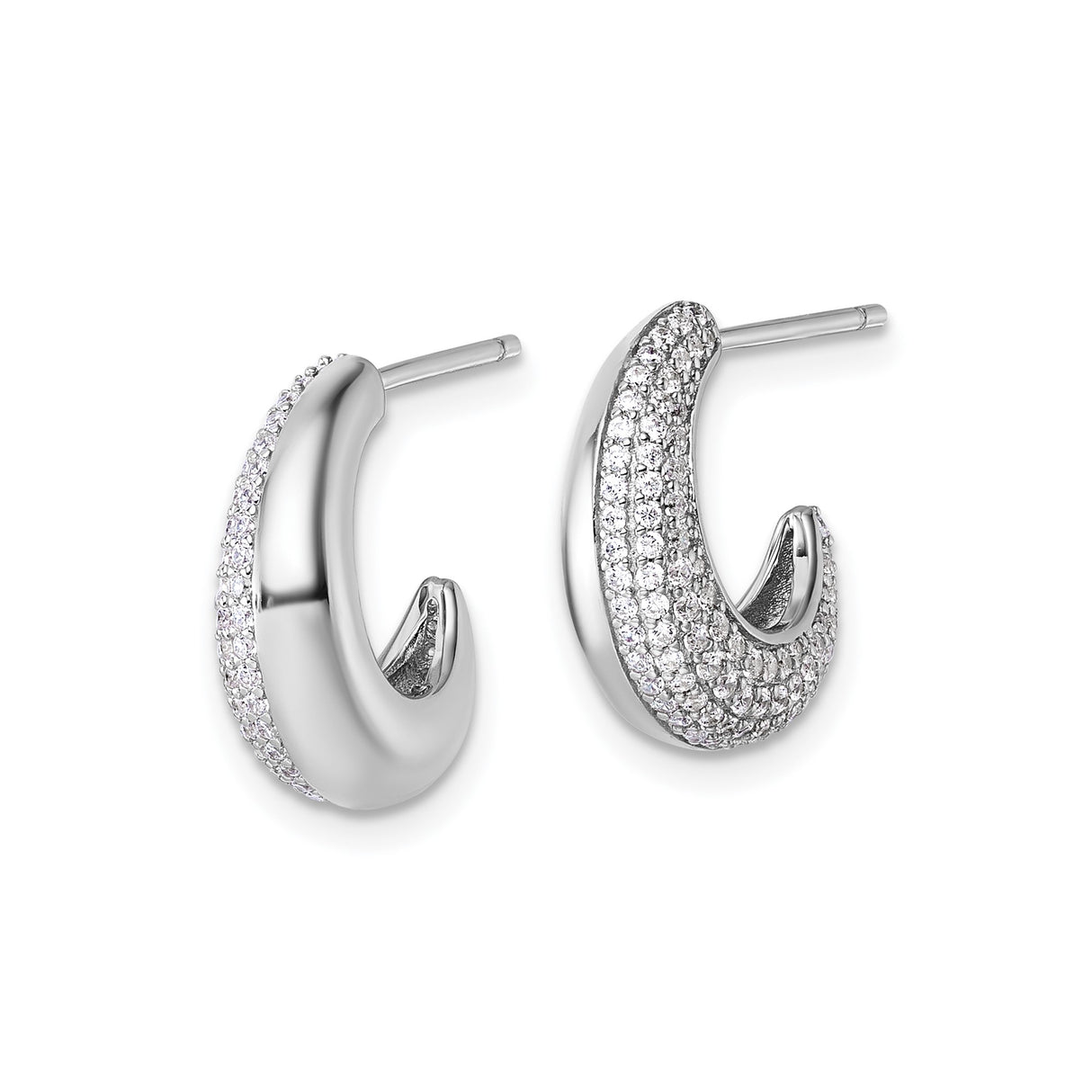 Sterling Silver Crescent Hoop Earrings with Cubic Zirconia Accents, Rhodium Plated Modern Design