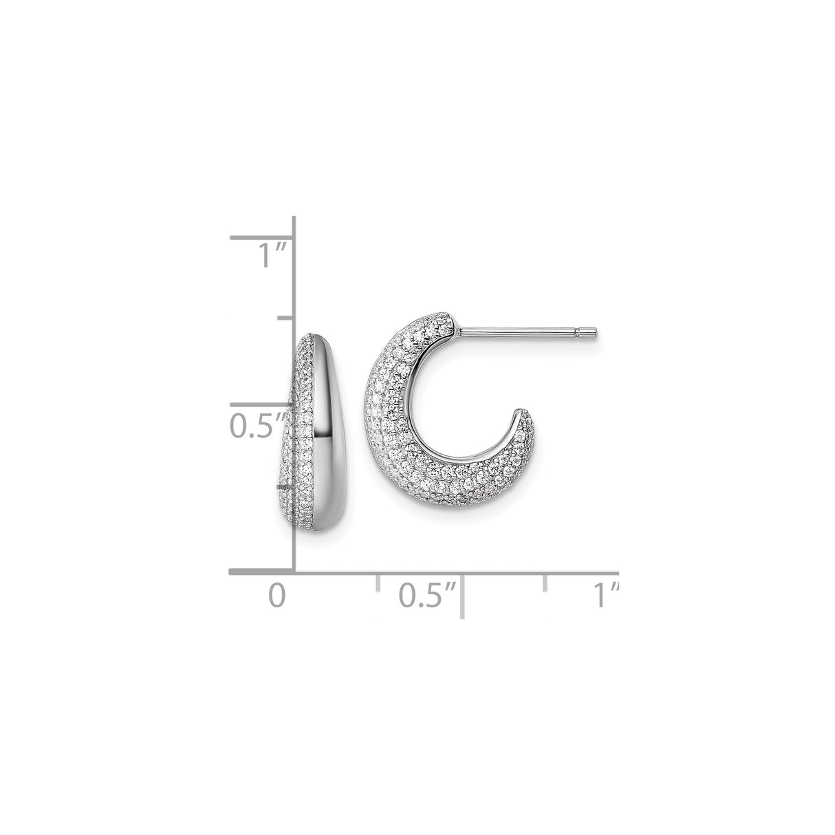 Sterling Silver Crescent Hoop Earrings with Cubic Zirconia Accents, Rhodium Plated Modern Design