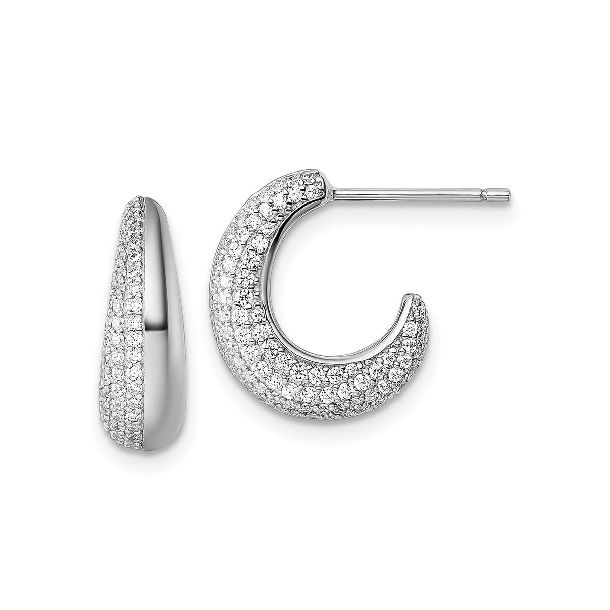Sterling Silver Crescent Hoop Earrings with Cubic Zirconia Accents, Rhodium Plated Modern Design
